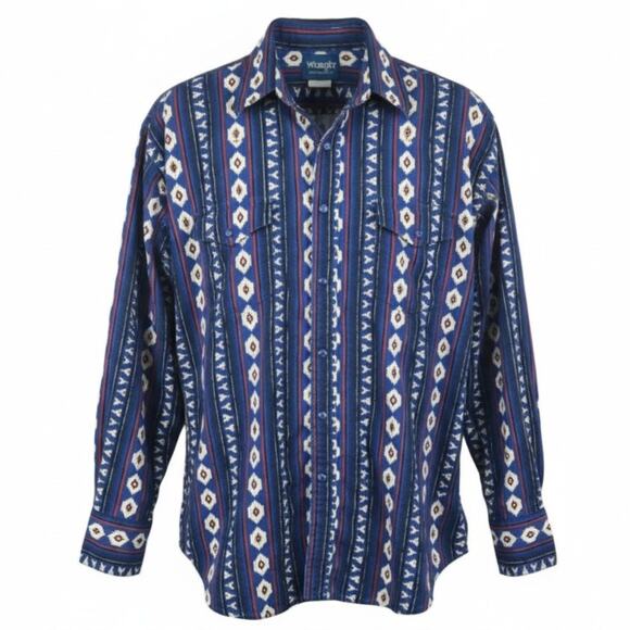 Vintage Wrangler Pearl Snap Shirt Aztec Print Blue Size XXL